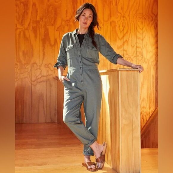 NWT OUTERKNOWN Navy Linen Organic Cotton Blend S.E.A. Long Sleeve Jumpsuit Suit - Picture 2 of 16